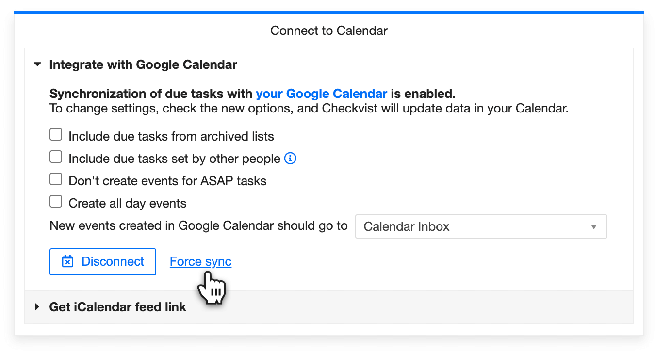 Force sync Checkvist and Google Calendar