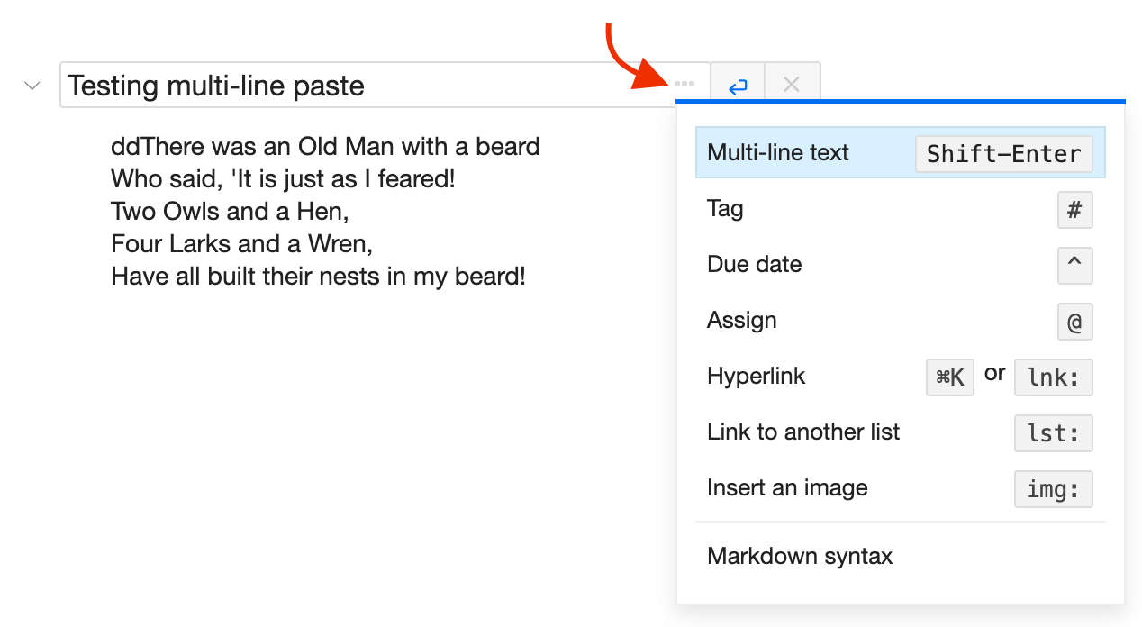 Smart syntax hints on editing list items