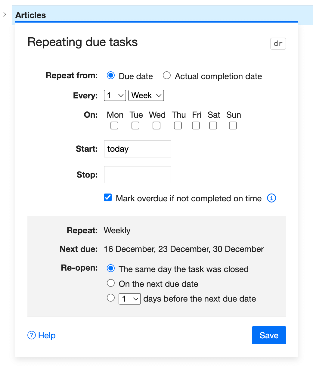 Repeating settings