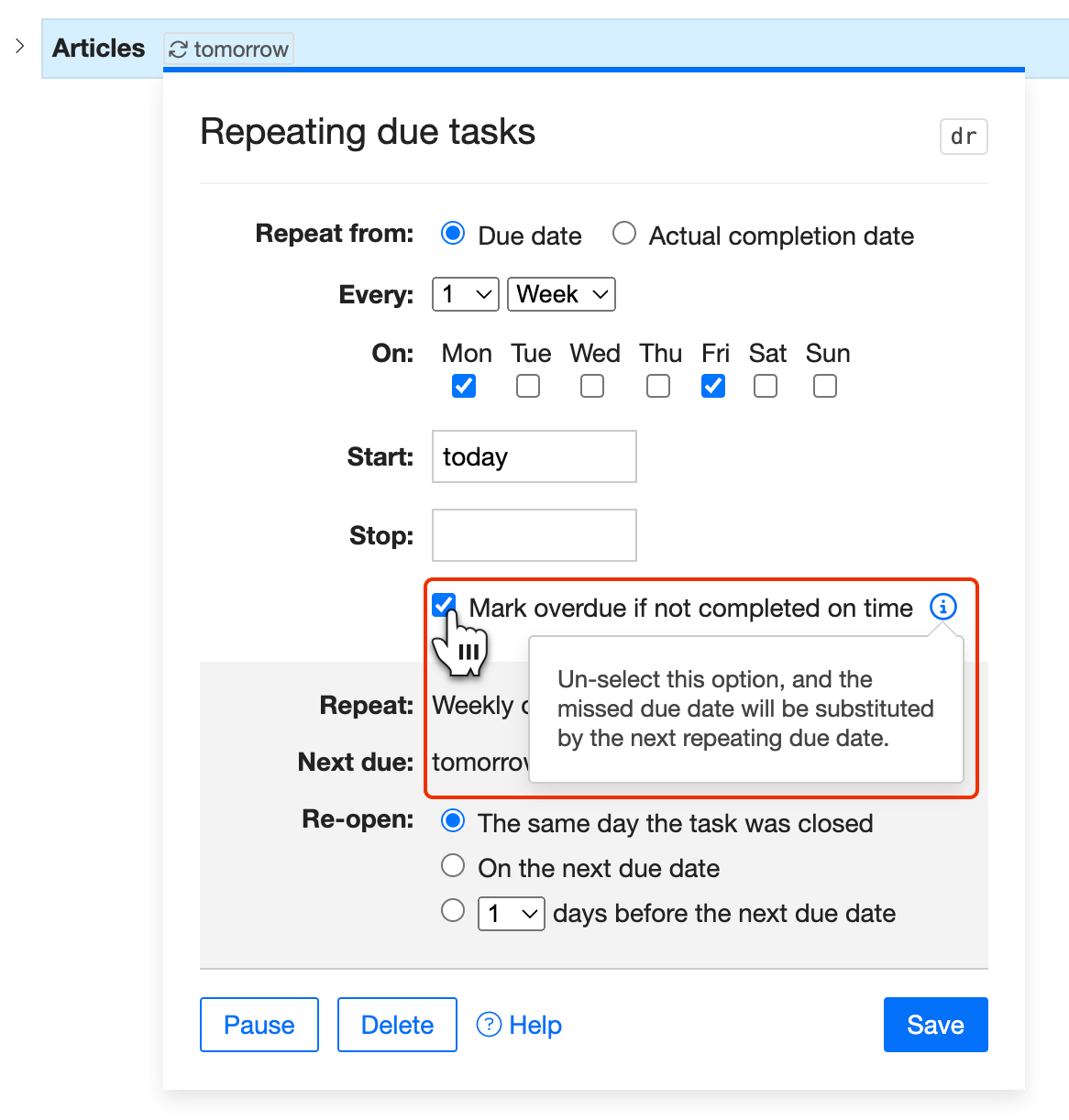 Configurable overdue setting