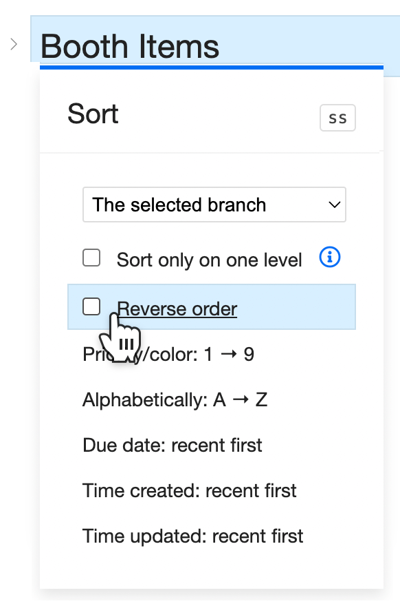 Sort menu options