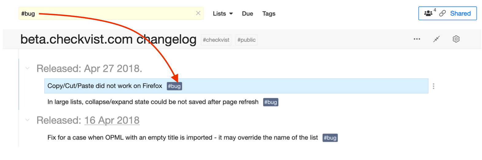 List, filtered by tag